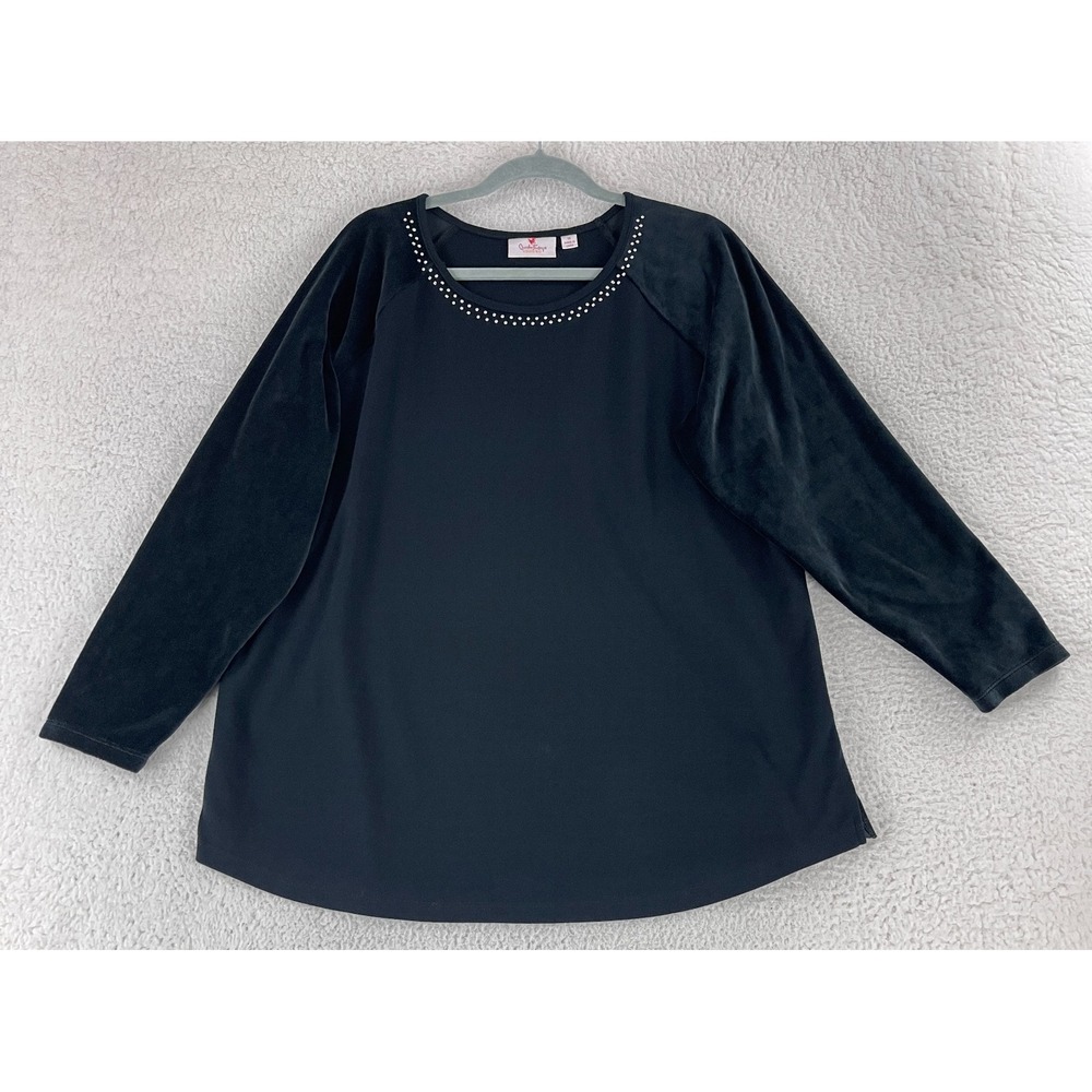 Quacker Factory Shirt Womens 1X Black Velvet Long Sleeve Beaded Pullover Stretch